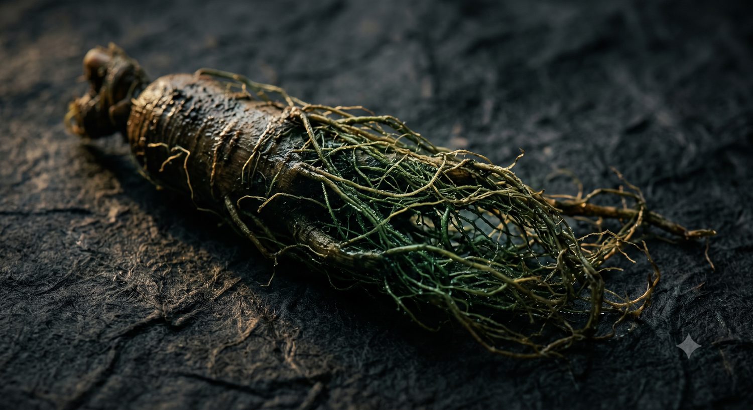 Cultured wild ginseng root close-up